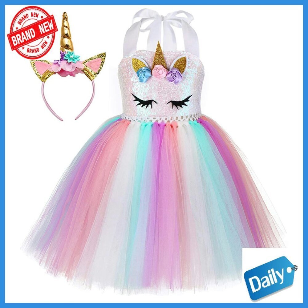 Sequin Unicorn Dress with Headband Girls 1-10Y Birthday Party Costume